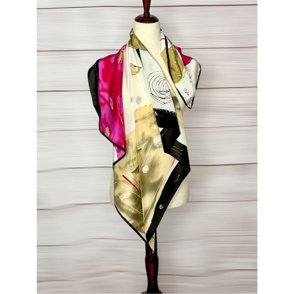 Italian Silk Scarf Abstract Art Print Gold Fuchsia Black Ivory Silk Square 34x34